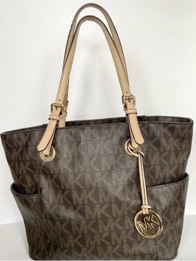 Michael Kors Dark Brown MK Monogram Tote with Beige Straps